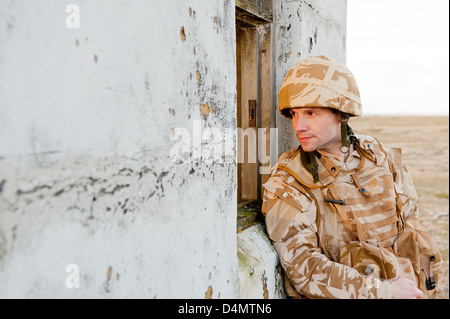 Soldato britannico indossa desert camouflage uniforme e guardando attraverso la finestra di un edificio abbandonato. Foto Stock