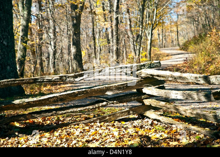 Split cancellata sulla strada di un paese in autunno. Foto Stock