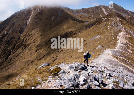 Escursionista sulla via Keplero, Te Anau, Nuova Zelanda Foto Stock