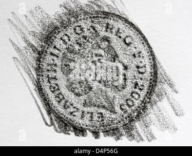 Sfregamento a matita di una moneta da £1. Sfregamento delle monete britanniche Foto Stock