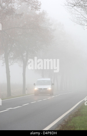 Blankenfelde, la Germania, il traffico automobilistico sulla strada di un paese nella nebbia Foto Stock