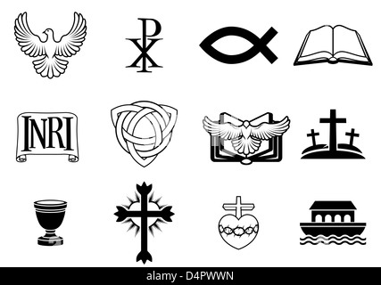 Christian icone e simboli: Colomba, Chi Ro, pesce simbolo, la bibbia, INRI segno, Trinità christogram, croce, comunione cup, arca Foto Stock