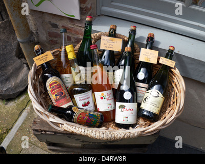 Un cestello di bottiglie di sidro al di fuori di un negozio in Honfleur, in Normandia. Foto Stock