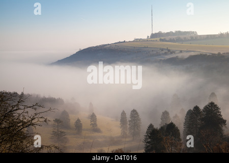 Una mattina in vista della televisione Hannington montante su Cottington Hill in Hampshire visto da il viandante a piedi sul cannone Heath verso il basso Foto Stock