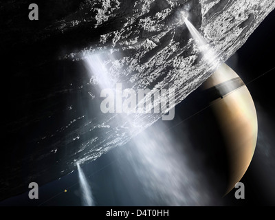 Geyser di Enceladus mostra cryovolcanism vicino al Polo Sud di Enceladus. Foto Stock