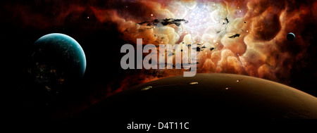 Artista del concetto che mostra la vista da un fitto sistema planetario a un vicino vivaio stellare. Foto Stock