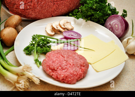 Deliziosi piatti appetitosi cheeseburger ingredienti Foto Stock