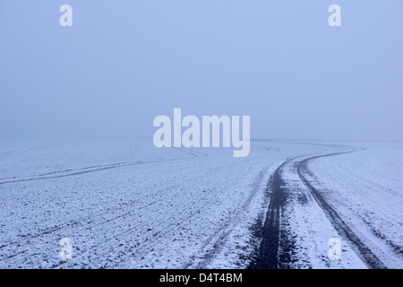 Scene invernali intorno a Doncaster con una casa di pietra ricoperta di neve, una persona che cammina attraverso un sentiero boschivo ghiacciato e impronte attraverso il fiel innevato Foto Stock