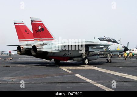 Un F-14D Tomcat sul ponte di volo della USS Theodore Roosevelt. Foto Stock