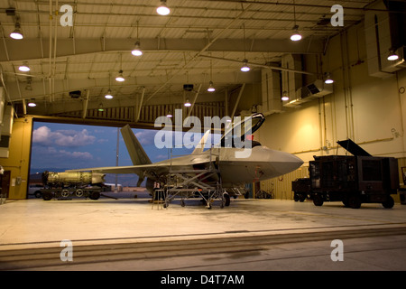 Maintence equipaggi dal 49th Fighter Wing a Holloman Air Force Base in New Mexico, opera su di un F-22 Raptor. Foto Stock