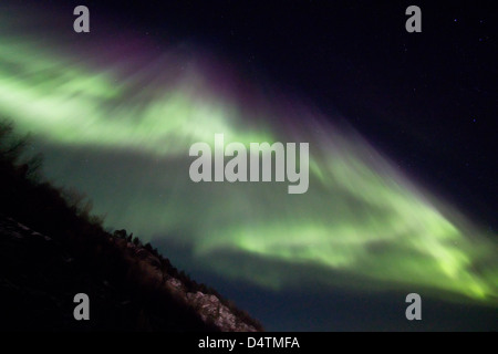 Aurora boreale o le luci del nord in movimento attraverso il cielo notturno entro il Circolo Polare Artico kattfjordvatnet isola Kvaloya Troms Tromso Norvegia regione 2013 Foto Stock