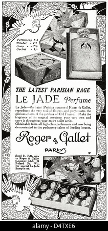 Originale di 1920s periodo vintage annuncio stampa dalla rivista inglese pubblicità LE JADE PROFUMO da Roger & Gallet di Parigi Foto Stock