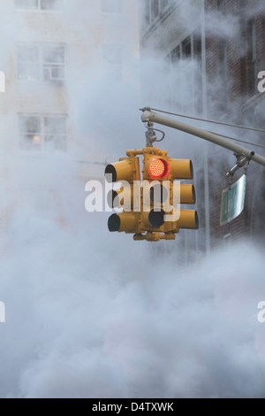 Luce di traffico su steamy strada di città Foto Stock