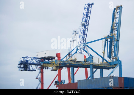 La gru e container sulla banchina di carico Foto Stock