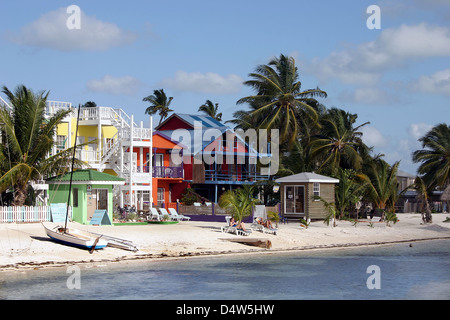 Bungalow sulla spiaggia tropicale a Caye Caulker, Belize. Architettura dell'isola caraibica e palme nell'ex Honduras britannico. Viaggi e vacanze. Foto Stock