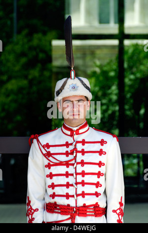 Sofia. La Bulgaria. Vista di un soldato di guardia all'entrata principale dell'ufficio di Bulgaria il presidente. Foto Stock