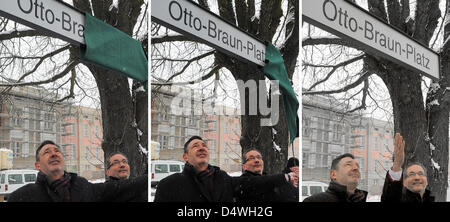 (COMBO) un composito la foto mostra il sindaco di Potsdam Jann Jakobs (L) e il governatore del Brandeburgo Matthias Platzeck svelando il segno Otto-Braun-Platz a Potsdam, Germania, 19 marzo 2013. La piazza di fronte al nuovo edificio del Parlamento di Brandeburgo è stato chiamato dopo l'ex primo ministro della Prussia. Foto: Bernd Settnik Foto Stock