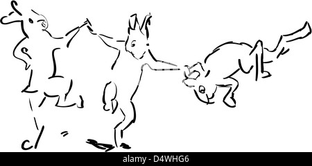 Il trio di felice coniglietti - bianco e nero illustrazione Foto Stock