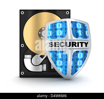 HDD e simbolo di sicurezza (fatto in 3d) Foto Stock