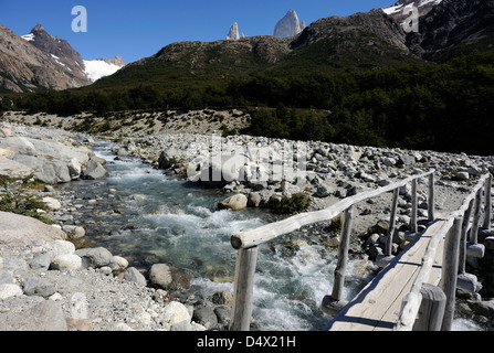 Ponte su un flusso nel parco nazionale Los Glaciares ai piedi della gamma di Fitzroy vicino a El Chalten. Argentina. Foto Stock