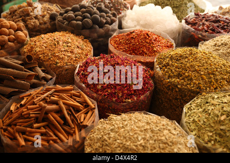 Sacchetti di spezie colorate al mercato souk di Dubai, Emirati Arabi Uniti Foto Stock