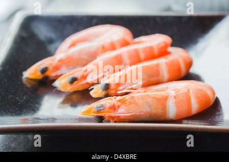 Gamberetti lessati sulla piastra nera, frutti di mare Foto Stock