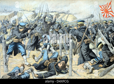 Antica o vintage illustrazione dell'attacco giapponese alle trincee russe in Manciuria durante la guerra russo-giapponese (giugno 1904) Foto Stock