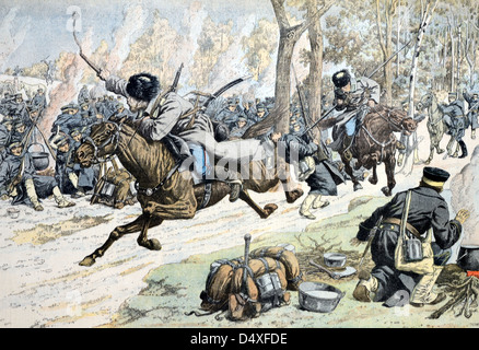 Illustrazione vintage o antica della cavalleria russa Cossack Breeching linee giapponesi a Port Arthur Manchuria durante la guerra russo-giapponese (giugno 1904) Foto Stock