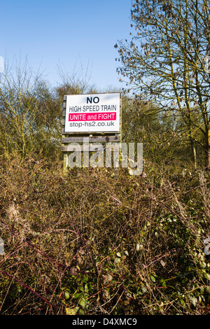 Arrestare HS2 segno vicino Offchruch, Warwickshire, Regno Unito Foto Stock