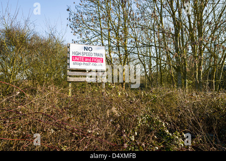 Arrestare HS2 segno vicino Offchruch, Warwickshire, Regno Unito Foto Stock