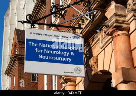 Segno per "l ospedale nazionale di Neurologia & Neurochirurgia', parte di University College London Hospital di Queen Square. Foto Stock