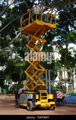 Operai utilizzando cherry picker in un parco, Santa Cruz de Tenerife, Isole Canarie Foto Stock