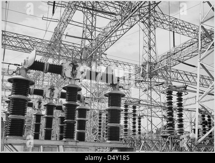 Ansel Adams ha scattato questa iconica fotografia in bianco e nero di cavi elettrici collegati alle unità elettriche di Boulder Dam, nota anche come Hoover Dam, mettendo in evidenza l'infrastruttura che alimenta la regione. Foto Stock