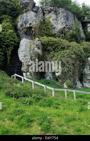 Creswell Crags Lago e Ice Age Grotte, verde primavera colori, Worksop, Nottinghamshire, Inghilterra Foto Stock