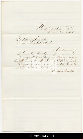 Messaggio del presidente Abraham Lincoln che nomina Silas H. Hodges, George H. Harding e Thomas C. Theaker ad essere esaminatori-in-capo nell'Ufficio brevetti degli Stati Uniti, 03/25/1861 (pagina 1 di 2) Foto Stock