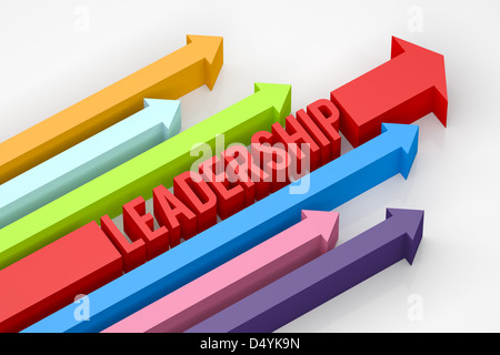 3D render illustrazione della leadership di blocco di parola con le frecce. Foto Stock
