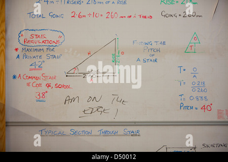 Gli schemi sulla lavagna durante una falegnameria e la costruzione di corso presso Cardonald college di Glasgow. Foto Stock