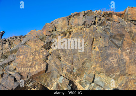 Incisioni rupestri sulla pietra di Tamgaly, Kazakistan Foto Stock