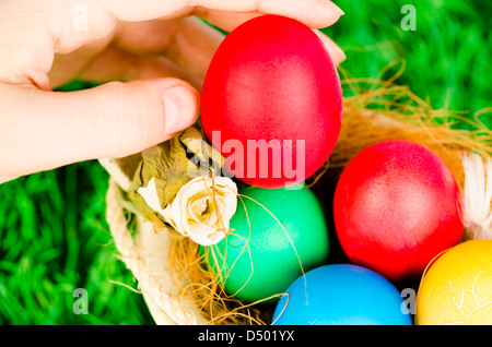 Dipinto di uova di pasqua in un cestello di erba Foto Stock