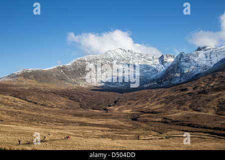 Gli escursionisti di ritorno da la fata per piscine di Glen fragile, Isola di Skye Foto Stock