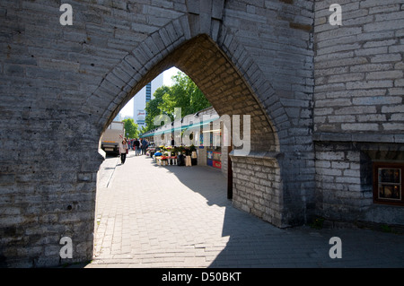 Un arco attraverso una delle torri gemelle di Viru Gates, e l'ingresso principale nella Città Vecchia di Tallinn, Tallinn, Estonia, Stati Baltici Foto Stock