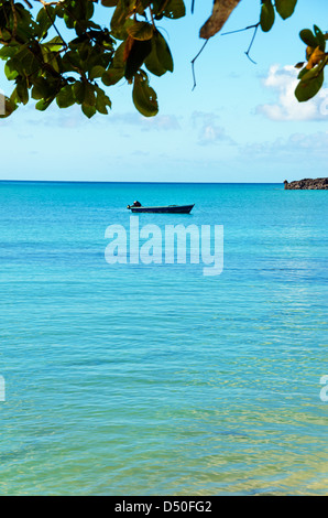 Colpo verticale della barca blu sull'acqua turchese nel Mar dei Caraibi a San Andrés y Providencia, Colombia Foto Stock