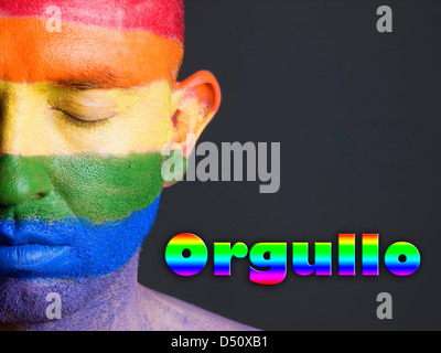 Hombre con la bandera gay pintada en la cara y con los ojos cerrados. La Palabra Stampa orgullo esta escrita en lado delle Nazioni Unite. Foto Stock