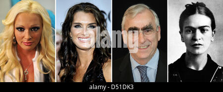 Una combo di immagine da file immagini mostrano (L-R) reality TV starlet Daniela Katzenberger (file immagine scattata il 26 agosto 2010), attrice statunitense BROOKE SHIELDS (file immagine scattata il 15 giugno 2008), ex ministro delle finanze Theo Waigel (file immagine scattata il 18 luglio 2009) e pittore messicana Frida Kahlo nel 1932. Tra tutte le tendenze della moda pensabile, vi è anche un sopracciglio trend. Attualmente, p Foto Stock