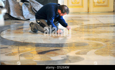 Il restauratore Marco Hippel osserva il pavimento in marmo della sala del festival nel nuovo palazzo di Potsdam, Germania, 21 ottobre 2010. La Fondazione dei Castelli e dei Giardini Prussiani Berlin-Brandenburg (SPSG) restors in difficoltà il tetto e il 600mq grande con pavimento in marmo del nuovo palazzo. A partire dal 2012, i visitatori possono avere una vista della sala di marmo tramite un bridge trasparente posto nella hall. Foto: Foto Stock