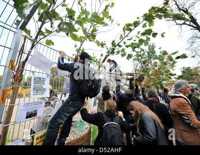 Gli avversari del controverso le costruzioni ferroviarie progetto Stuttgart 21 scavalchino i recinti che proteggono il cantiere di fronte alla stazione centrale di Stoccarda (Germania), 30 ottobre 2010. I manifestanti hanno poi sono andato su un impianto di nuovi alberi in sostituzione di quelli che sono stati abbattuti all inizio di ottobre. Foto: Bernd Weissbrod Foto Stock