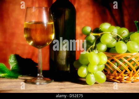 Studio shot di una bottiglia di vino bianco con vetro e uva Foto Stock