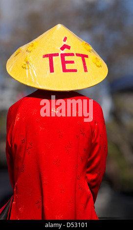 Il vietnamita donna vestito in abiti tradizionali durante il Tet festival Foto Stock