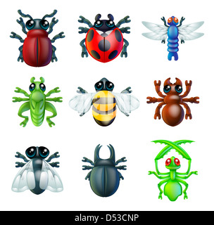 Una serie di insetto colorato bug icone, compresi coccinella mantis dragonfly bee ant grasshopper volare e altri coleotteri. Foto Stock
