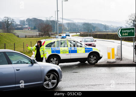 Ceredigion, Wales, Regno Unito. Il 23 marzo 2013. Meteo invernale ritorna alla metà del Galles con neve e vento rendendo le condizioni di guida difficili. Il normalmente occupato A44 trunk road è stata chiusa al traffico dopo due Morrisons camion di consegna è rimasto bloccato nella neve a Ponterwyd, uno dei punti più alti della contea. Photo credit: keith morris/Alamy Live News Foto Stock